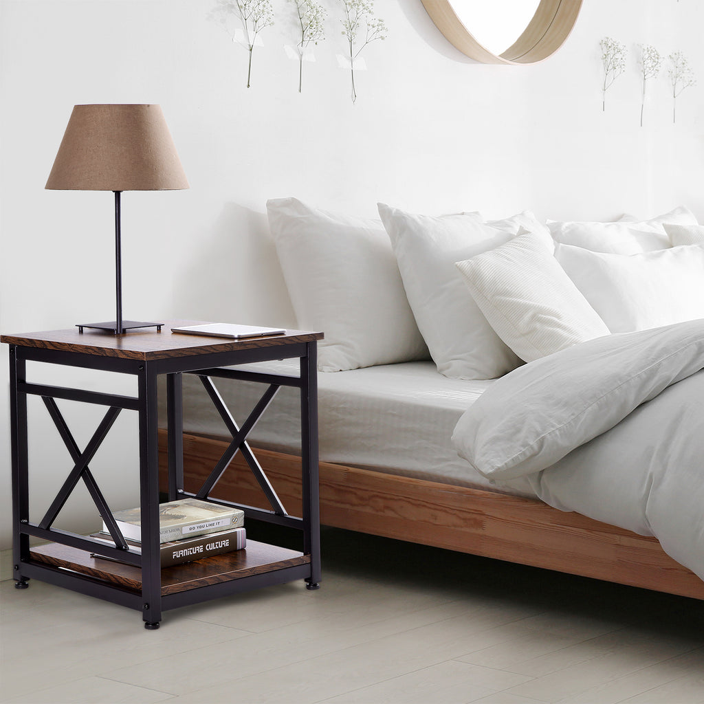 Industrial End Table, 18 inch Square Side Table with Storage Shelf, Sturdy X-Design Metal Frame, for Living Room Bedroom - Deals Kiosk