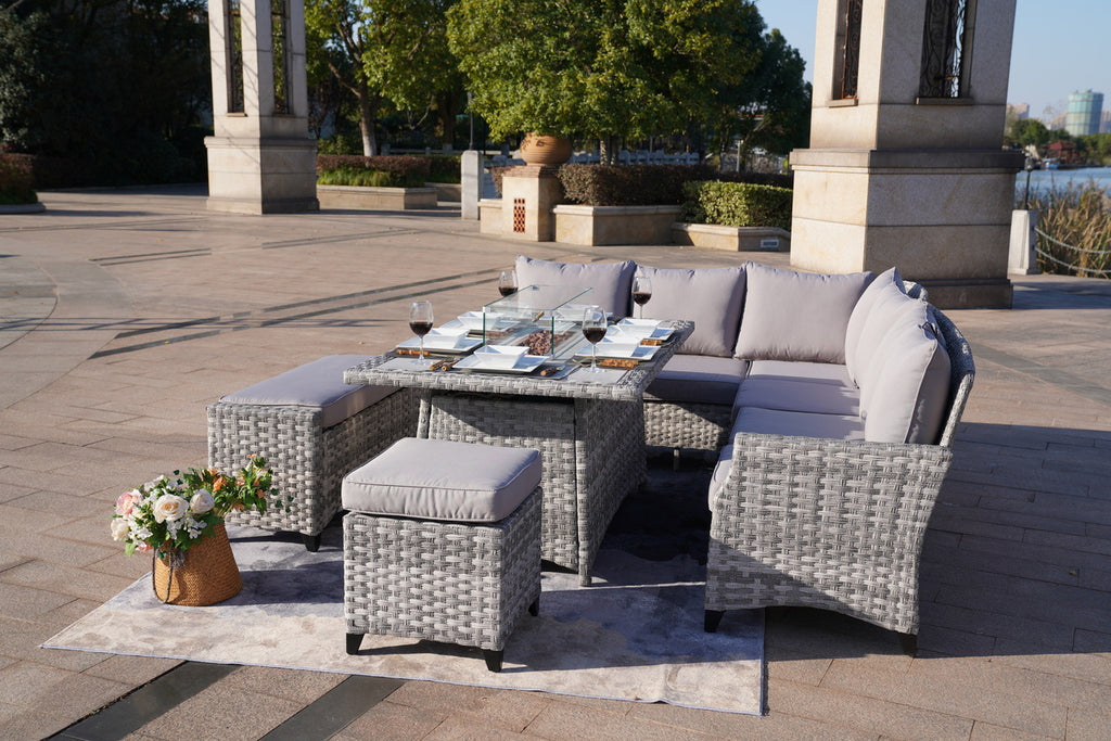 5-Piece Gray Wicker Outdoor Conversational Sofa Set with Fire Pit Table and Ottoman - Deals Kiosk