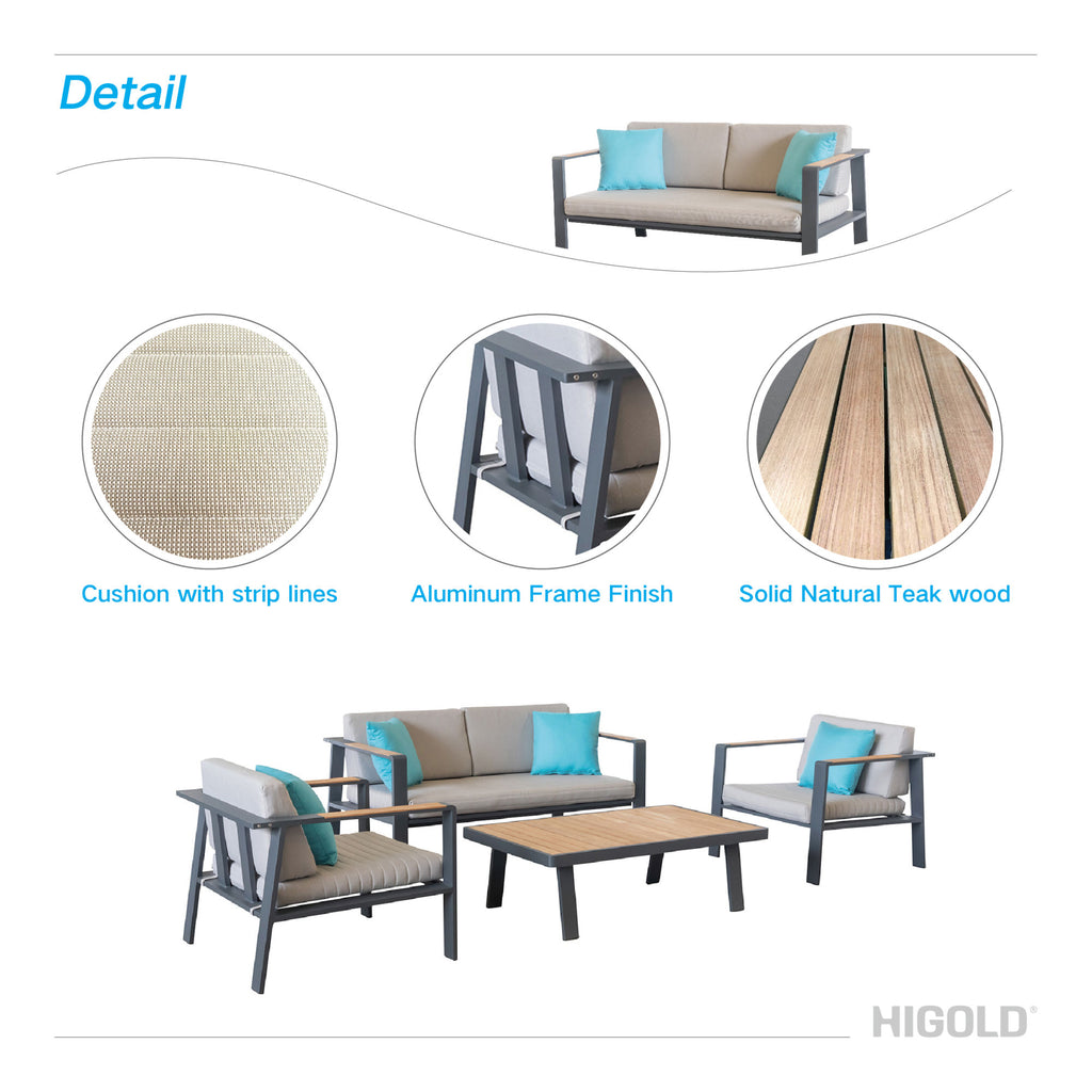 Higold - Nofi Patio Furniture, 4 Pieces Conversation Set with Loveseat Sofa, Grade A Teak, Matte Charcoal Aluminum Finish, Brown Cushions, Blue Pillows Included - Deals Kiosk