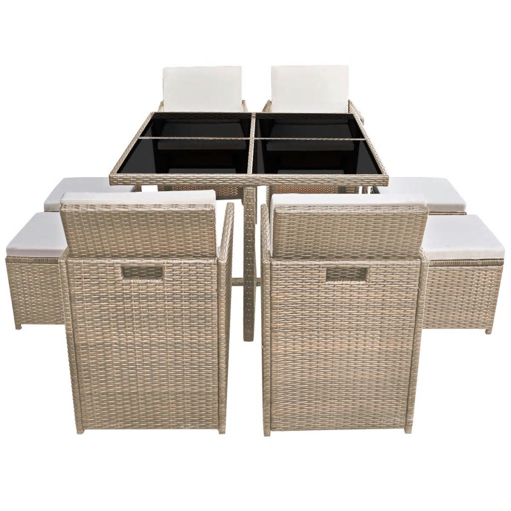 9 Piece Outdoor Dining Set with Cushions Poly Rattan Beige - Deals Kiosk