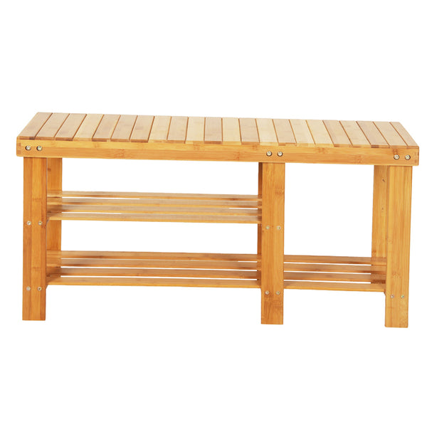 90cm Strip Pattern Tiers Bamboo Stool Shoe Rack with Boots Compartment RT - Deals Kiosk
