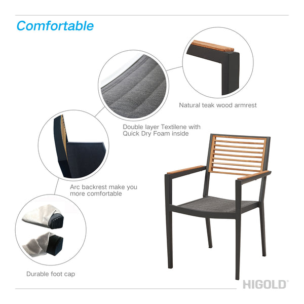 Higold - Champion Patio Dining Set, 7 Pieces Outdoor Dining Chairs with Teak Solid Wood Tabletop, Matte Charcoal Aluminum Frame - Deals Kiosk