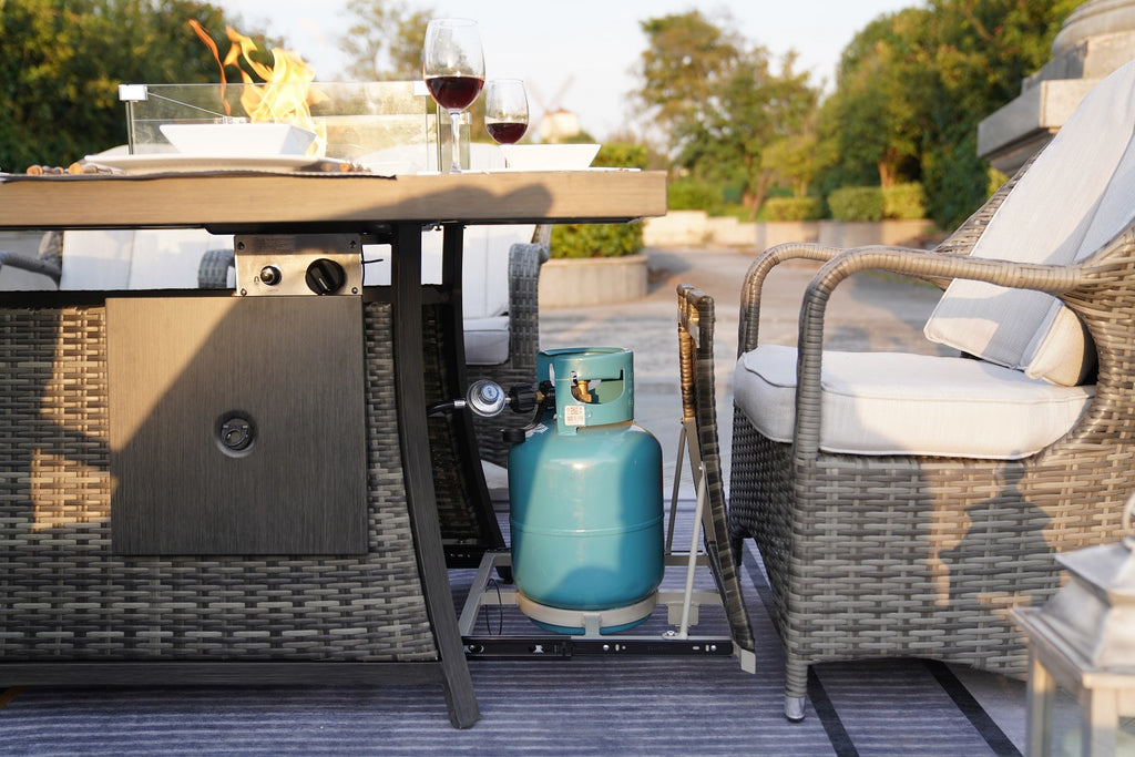 7 PCS Patio Gas Firepit and Ice Container Rectangle Dining Set with 6 Standard Height Chairs - Deals Kiosk