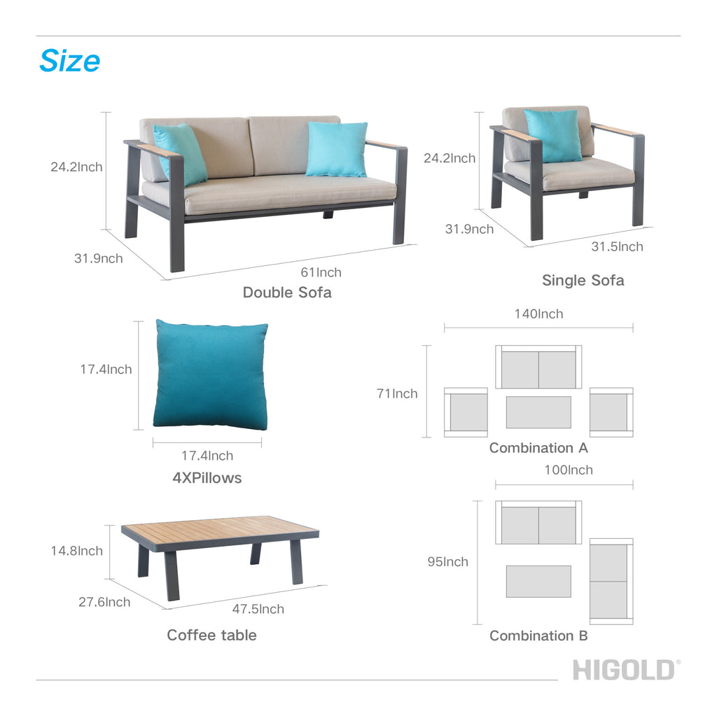 Higold - Nofi Patio Furniture, 4 Pieces Conversation Set with Loveseat Sofa, Grade A Teak, Matte Charcoal Aluminum Finish, Brown Cushions, Blue Pillows Included - Deals Kiosk