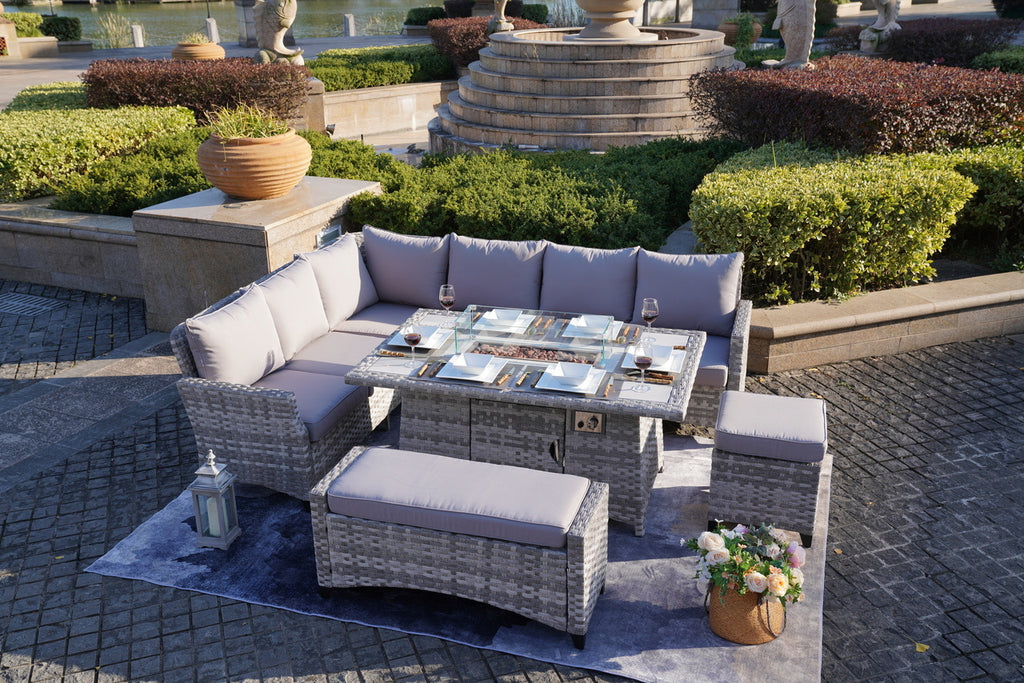 5-Piece Gray Wicker Outdoor Conversational Sofa Set with Fire Pit Table and Ottoman - Deals Kiosk