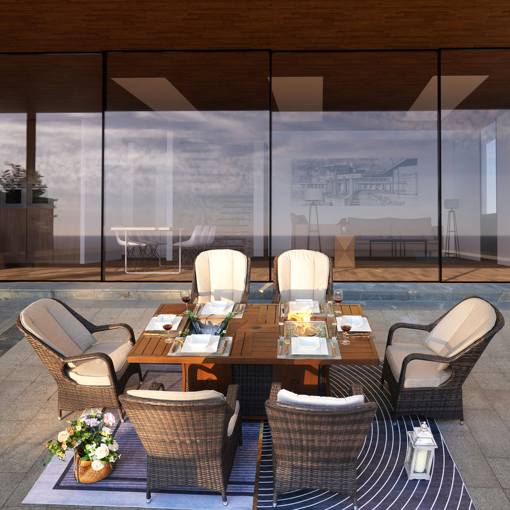 7 PCS Patio Gas Firepit and Ice Container Rectangle Dining Set with 6 Standard Height Chairs - Deals Kiosk