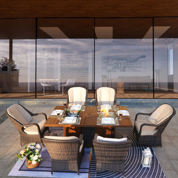 7 PCS Patio Gas Firepit and Ice Container Rectangle Dining Set with 6 Standard Height Chairs - Deals Kiosk