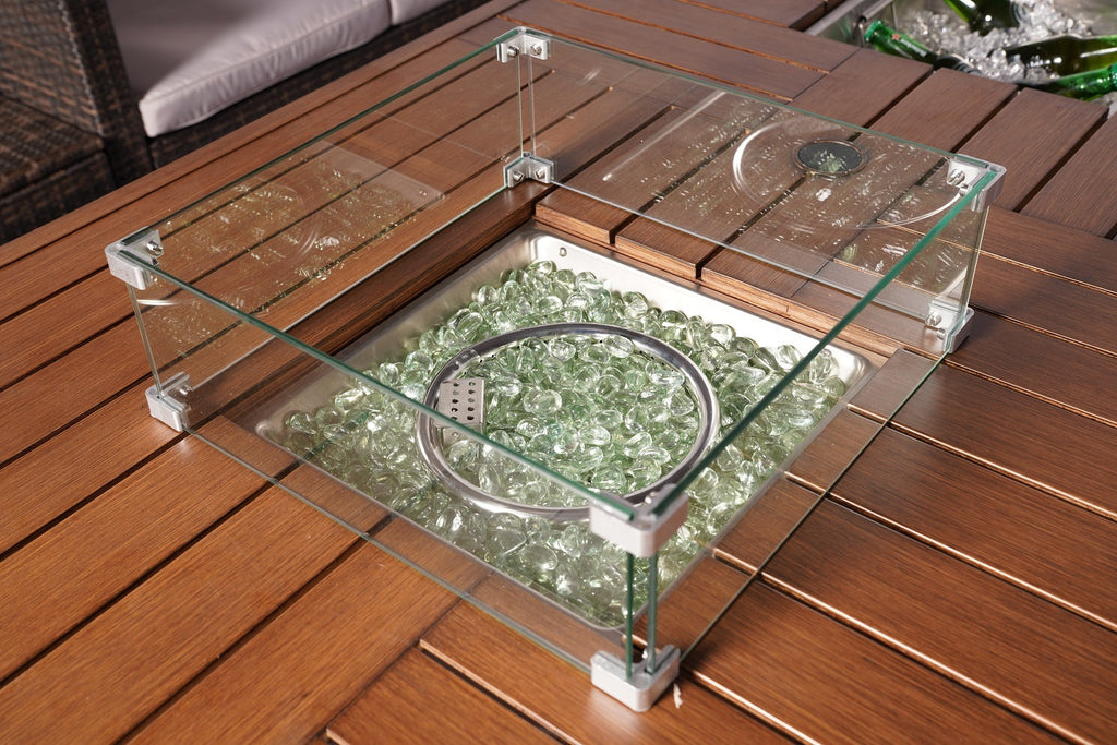 7 PCS Patio Gas Firepit and Ice Container Rectangle Dining Set with 6 Standard Height Chairs - Deals Kiosk