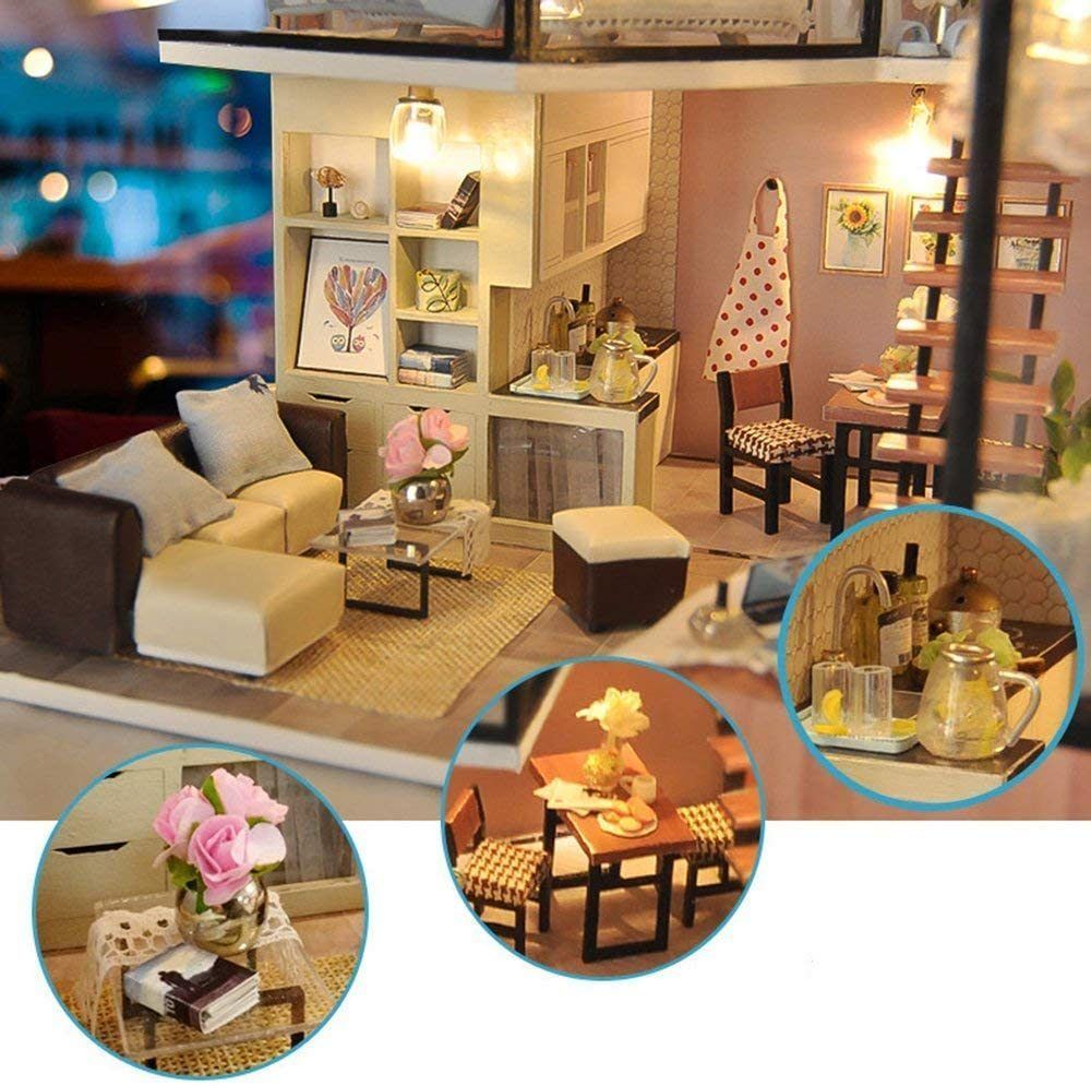 DIY Dollhouse Kit with Dust Proof Cover 1:24 Scale Wooden DIY Miniature Dollhouse Kit Toy Gift - Deals Kiosk