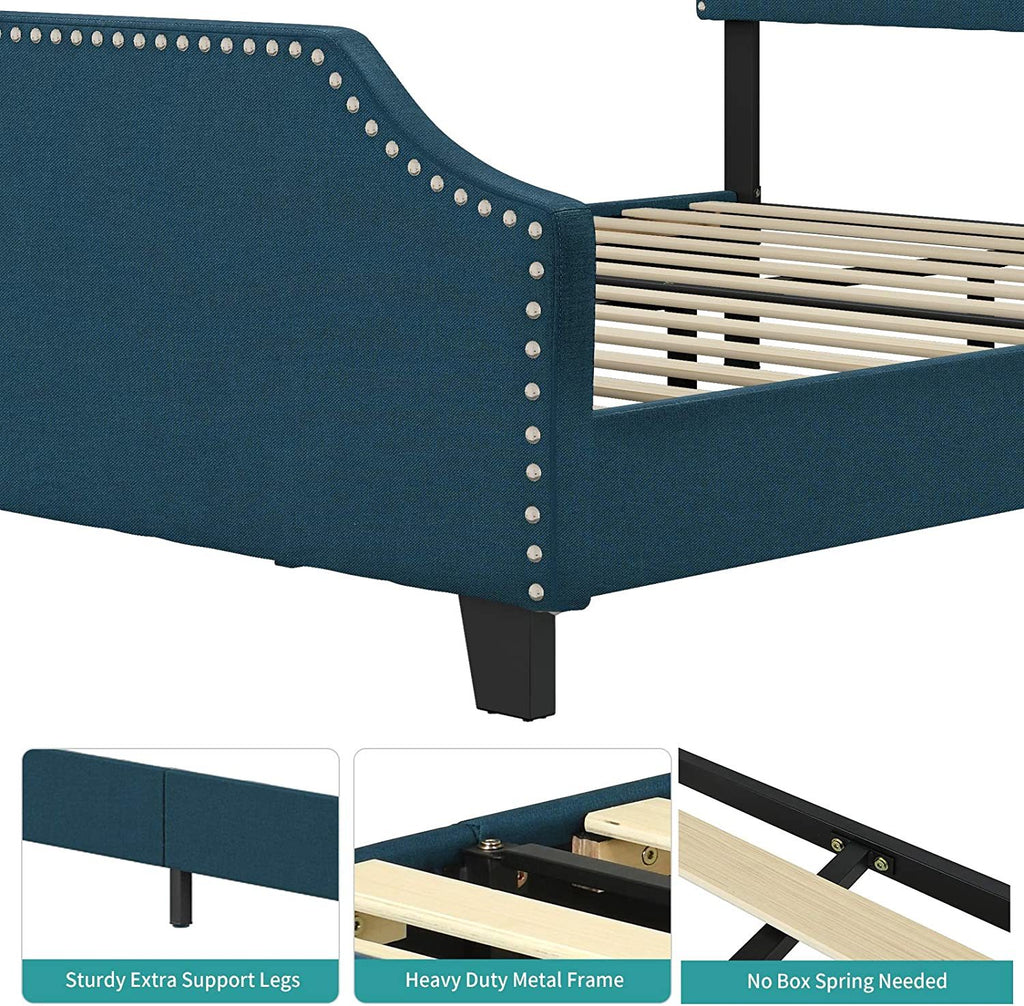 mecor Upholstered Linen Queen Platform Bed Frame - Mattress Foundation with Curved Nailhead Trim Headboard - Headboard Height Adjustable - Wood Slats Support (Blue Fabric, Queen) RT - Deals Kiosk