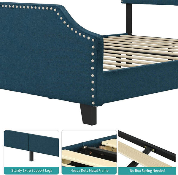 mecor Upholstered Linen Queen Platform Bed Frame - Mattress Foundation with Curved Nailhead Trim Headboard - Headboard Height Adjustable - Wood Slats Support (Blue Fabric, Queen) RT - Deals Kiosk