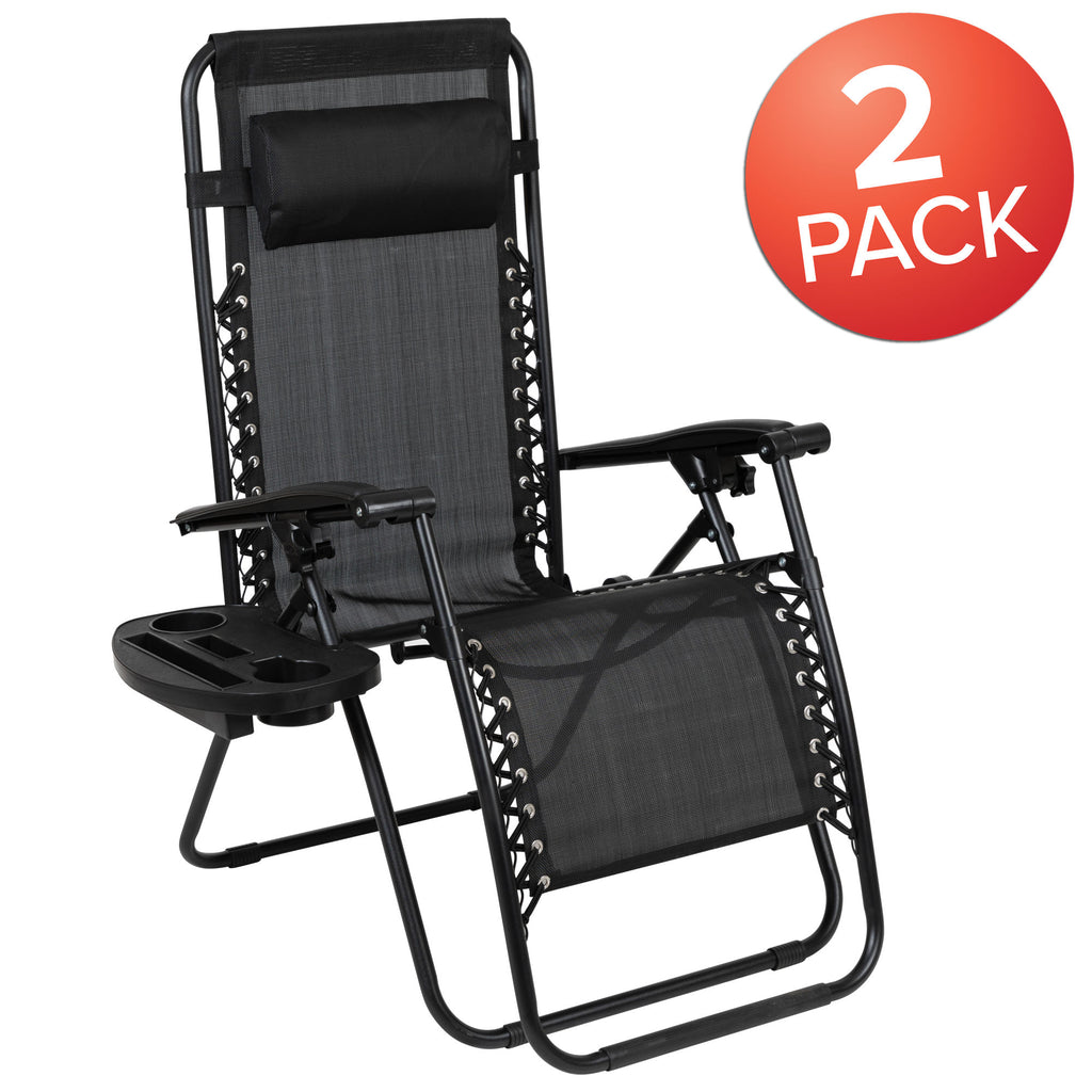 Adjustable Folding Mesh Zero Gravity Reclining Lounge Chair with Pillow and Cup Holder Tray, Set of 2 - Deals Kiosk