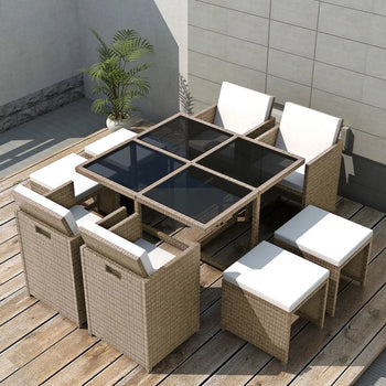 9 Piece Outdoor Dining Set with Cushions Poly Rattan Beige - Deals Kiosk