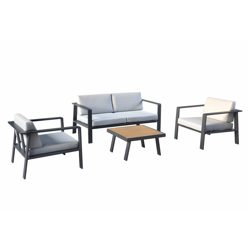Higold 3801 Pro Nofi Patio Furniture, 4 Pieces Outdoor Conversation Set with Loveseat, Grey Seat Cushions, Matte Charcoal AluminumFrame, Imitated Teak Aluminum Tabletop - Deals Kiosk