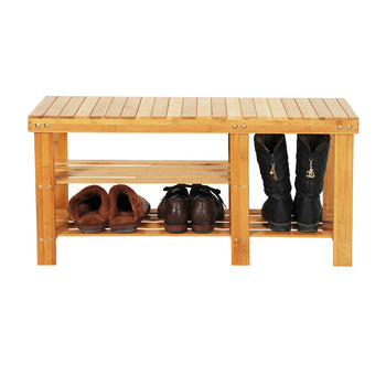 90cm Strip Pattern Tiers Bamboo Stool Shoe Rack with Boots Compartment RT - Deals Kiosk