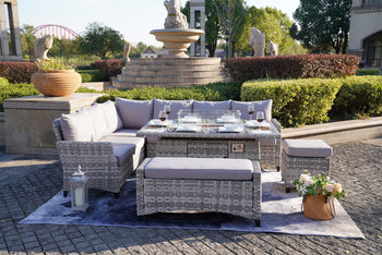 5-Piece Gray Wicker Outdoor Conversational Sofa Set with Fire Pit Table and Ottoman - Deals Kiosk
