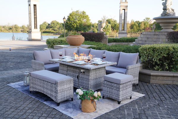 5-Piece Gray Wicker Outdoor Conversational Sofa Set with Fire Pit Table and Ottoman - Deals Kiosk