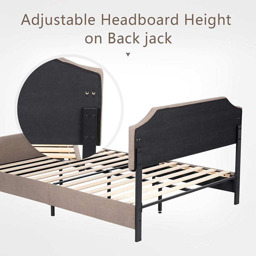 mecor Upholstered Linen Queen Platform Bed Frame - Mattress Foundation with Curved Nailhead Trim Headboard - Headboard Height Adjustable - Wood Slats Support (Blue Fabric, Queen) RT - Deals Kiosk