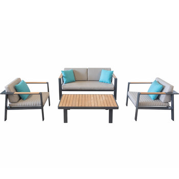 Higold - Nofi Patio Furniture, 4 Pieces Conversation Set with Loveseat Sofa, Grade A Teak, Matte Charcoal Aluminum Finish, Brown Cushions, Blue Pillows Included - Deals Kiosk
