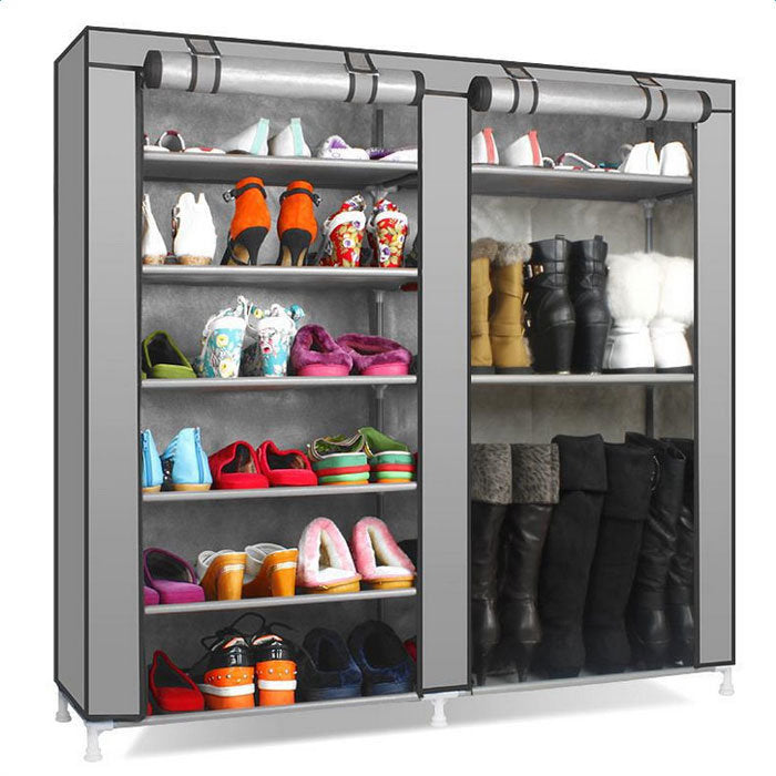 Double Rows Home Shoe Rack Shelf Storage Closet Organizer Cabinet Portable Cover Grey - Deals Kiosk