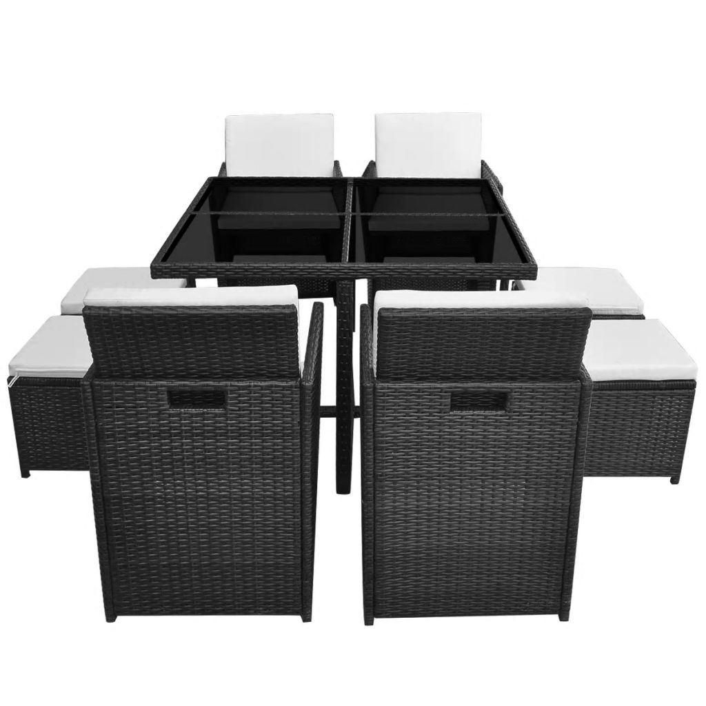 9 Piece Outdoor Dining Set with Cushions Poly Rattan Black - Deals Kiosk