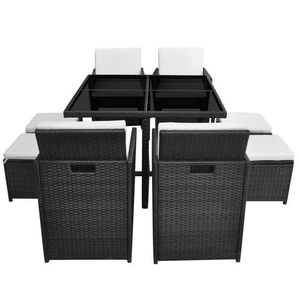 9 Piece Outdoor Dining Set with Cushions Poly Rattan Black - Deals Kiosk
