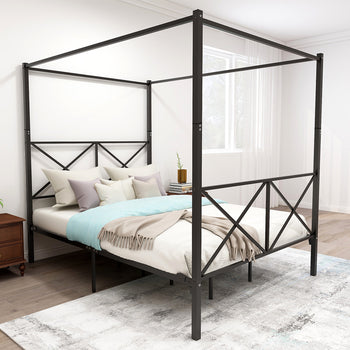 Metal Canopy Bed Frame, Platform Bed Frame Queen with X Shaped Frame Queen Black - Deals Kiosk