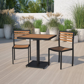 Outdoor Patio Bistro Dining Table Set with 2 Chairs and Faux Teak Poly Slats - Deals Kiosk