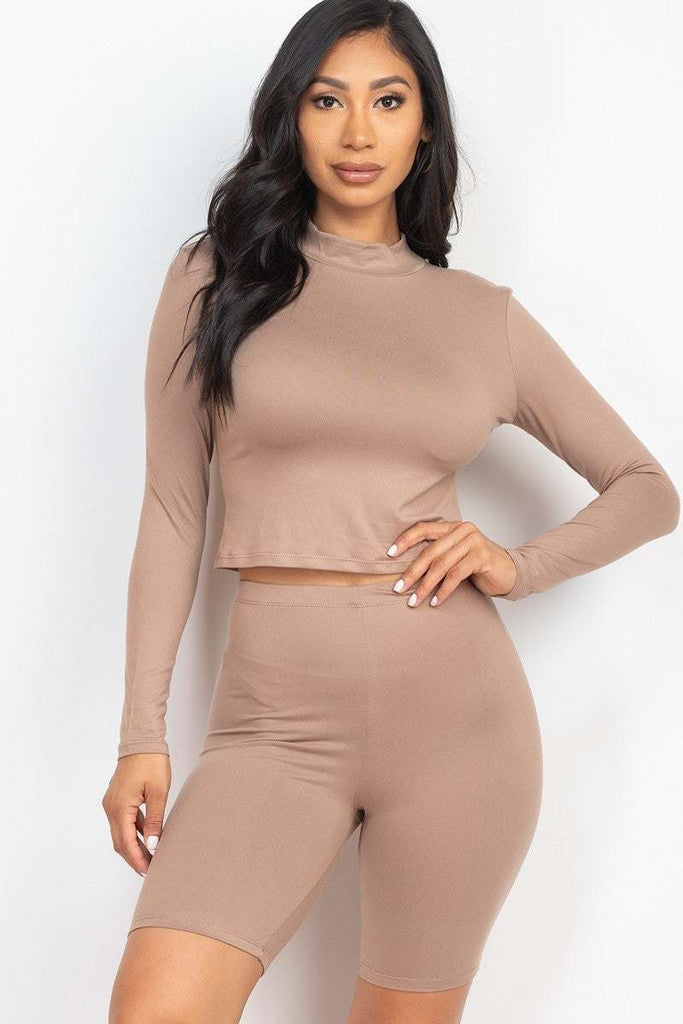 Mock Neck Top & Biker Shorts Set - Deals Kiosk