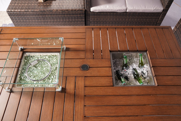 7 PCS Patio Gas Firepit and Ice Container Rectangle Dining Set with 6 Standard Height Chairs - Deals Kiosk