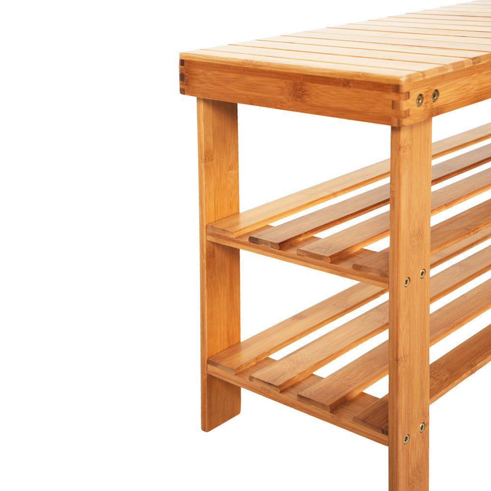 90cm Strip Pattern Tiers Bamboo Stool Shoe Rack with Boots Compartment RT - Deals Kiosk