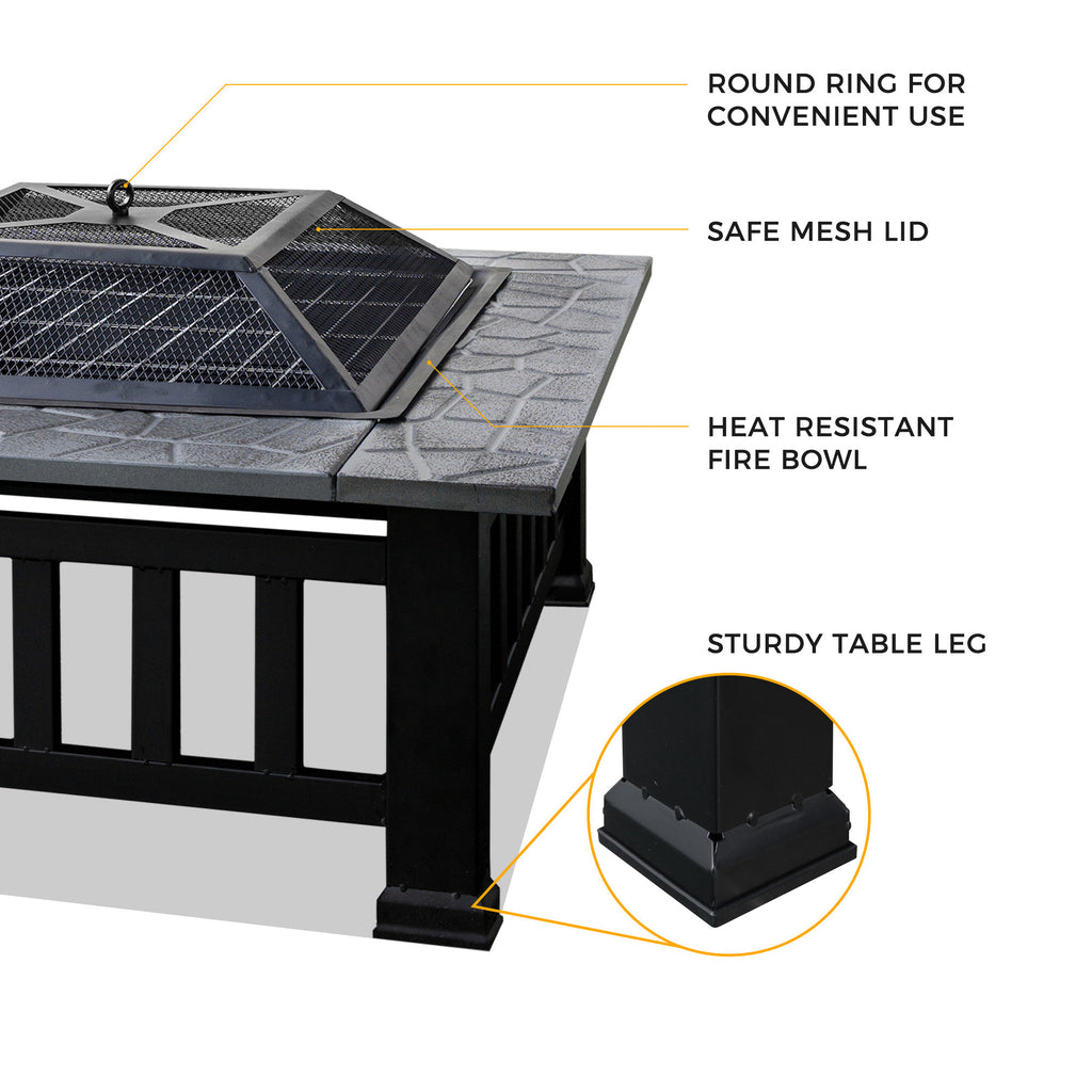 32in 3 in 1Multifunctional Fire Pit Table  Metal Square Patio Firepit Table BBQ Garden Stove with Spark Screen, Cover, Log Grate and Poker for Warmth, BBQ and Cooling Drinks XH - Deals Kiosk