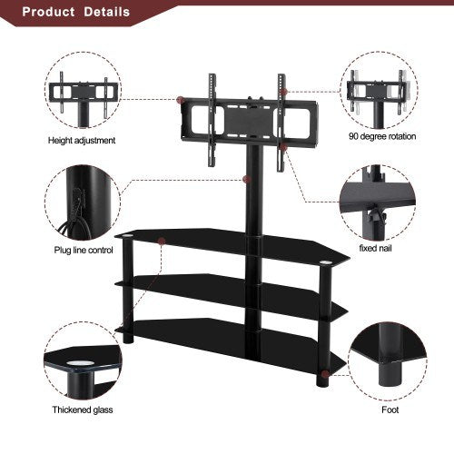 Black Multi-function TV Stand Height Adjustable Bracket Swivel 3-Tier - Deals Kiosk
