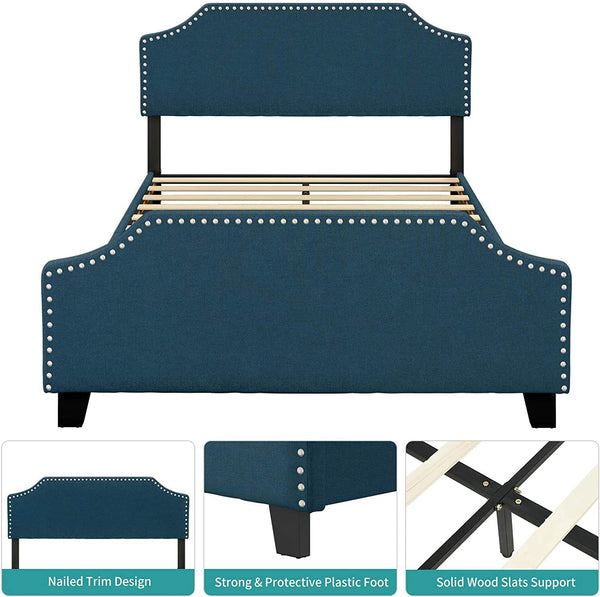mecor Upholstered Linen Queen Platform Bed Frame - Mattress Foundation with Curved Nailhead Trim Headboard - Headboard Height Adjustable - Wood Slats Support (Blue Fabric, Queen) RT - Deals Kiosk