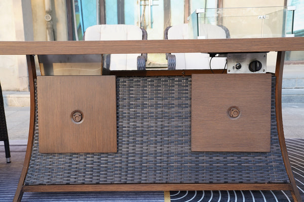 7 PCS Patio Conversational Sofa Set With 1 Gas Firepit And Ice Container Rectangle Dining Table. 1 Storage Box  And 2 Ottomans - Deals Kiosk