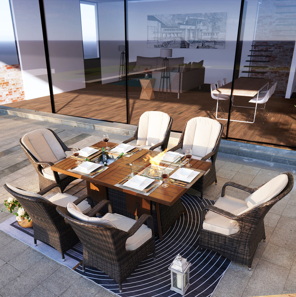 7 PCS Patio Gas Firepit and Ice Container Rectangle Dining Set with 6 Standard Height Chairs - Deals Kiosk