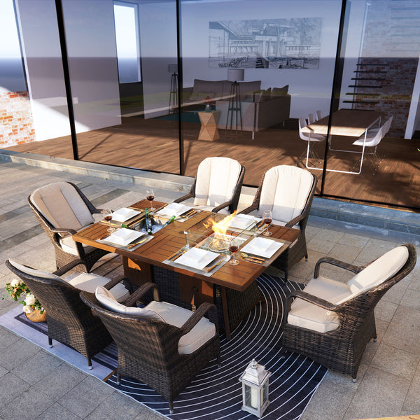 7 PCS Patio Gas Firepit and Ice Container Rectangle Dining Set with 6 Standard Height Chairs - Deals Kiosk