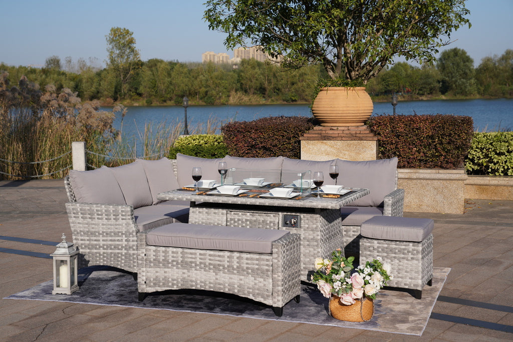 5-Piece Gray Wicker Outdoor Conversational Sofa Set with Fire Pit Table and Ottoman - Deals Kiosk