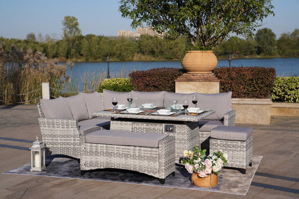 5-Piece Gray Wicker Outdoor Conversational Sofa Set with Fire Pit Table and Ottoman - Deals Kiosk
