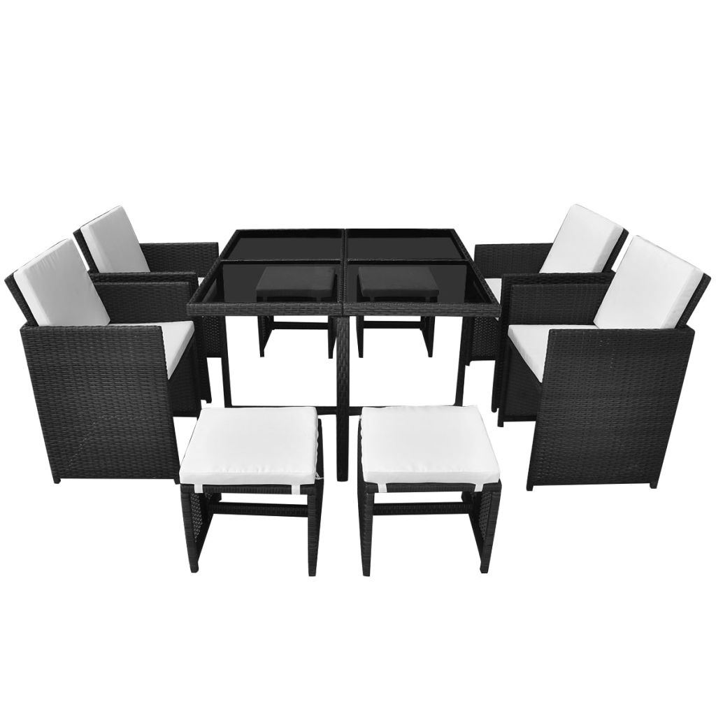 9 Piece Outdoor Dining Set with Cushions Poly Rattan Black - Deals Kiosk