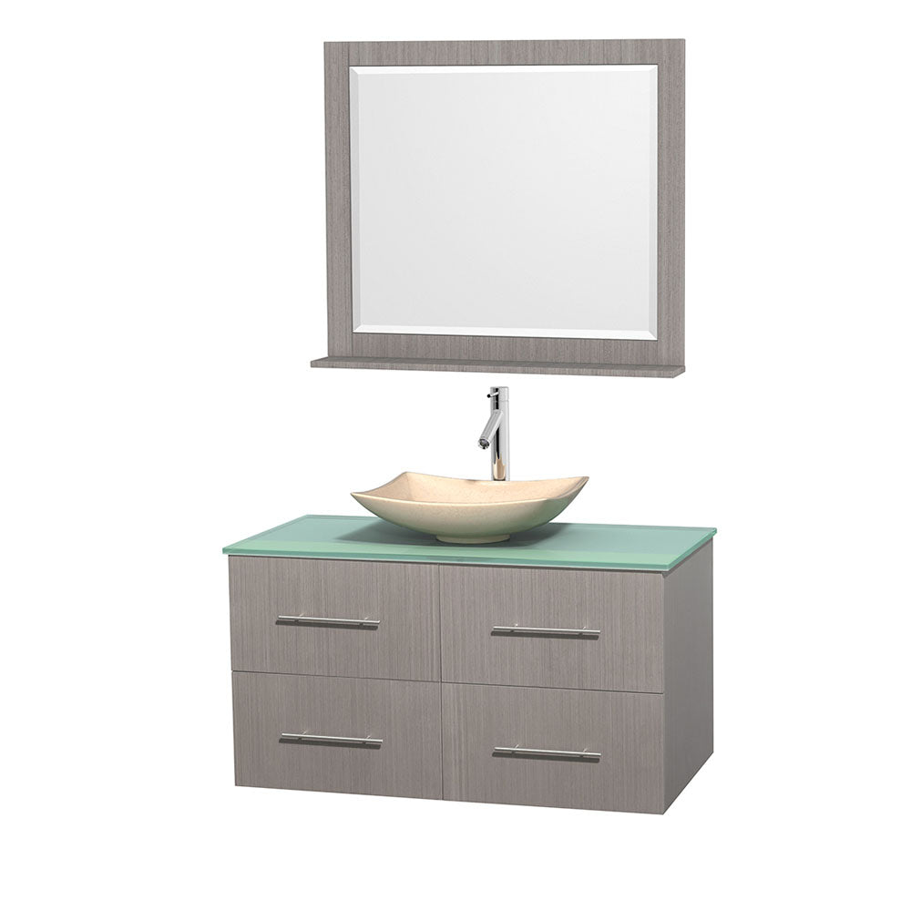 42" Single Bathroom Vanity in Gray Oak, Green Glass Countertop, Arista Ivory Marble Sink, and 36" Mirror - Deals Kiosk